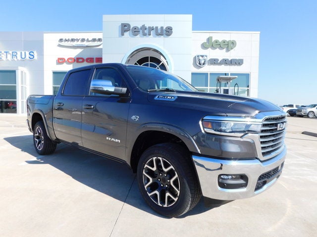 2026 RAM Ram 1500 RAM 1500 LARAMIE CREW CAB 4X4 5'7' BOX in Granite Crystal Metallic Clear-Coat Exterior Paint — front three-quarter view